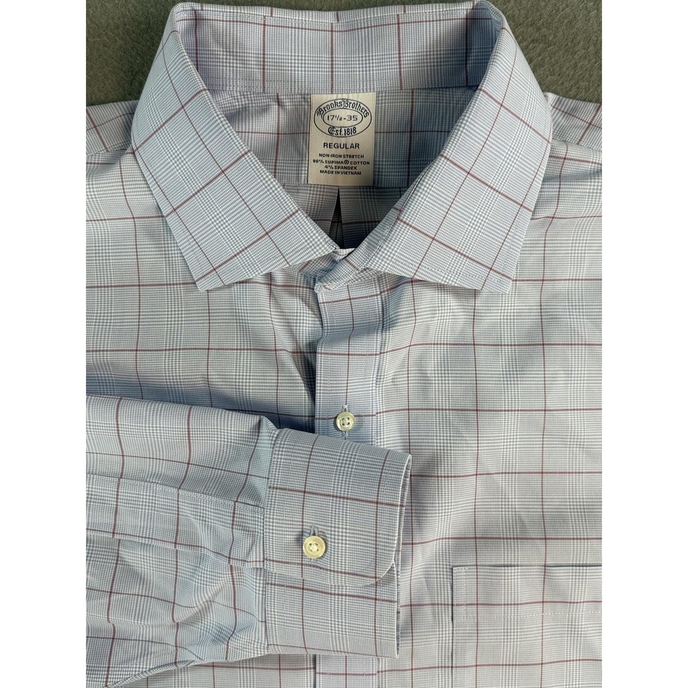 Brooks Brothers Dress Shirt Mens 17.5 34/35 Blue Check Non Iron Stretch Supima